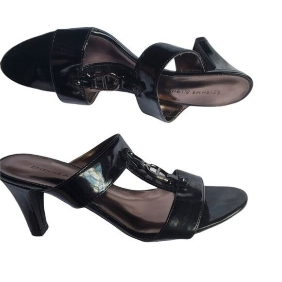 ETIENNE AIGER Womens Milo Heeled Sandal SZ 7M Black Horseshoe‎ Open Toe Straps - Picture 7 of 10